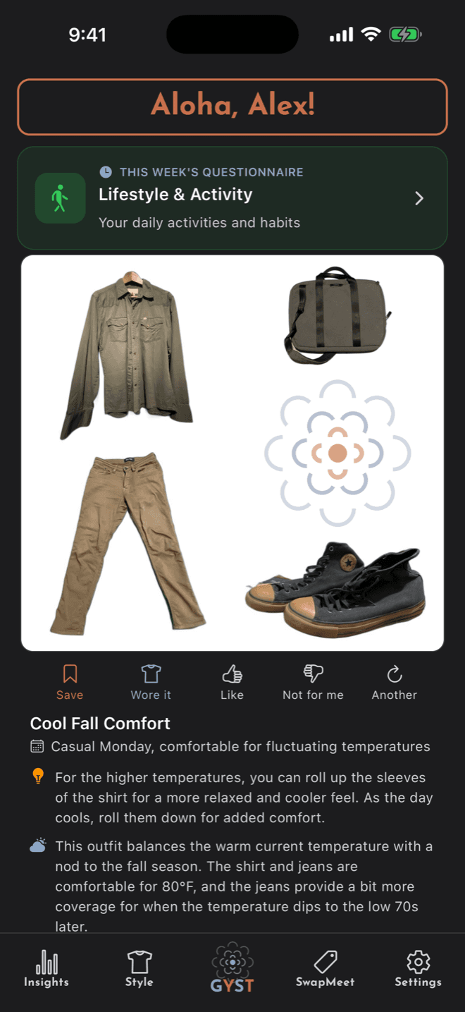 GYST home screen with today's outfit