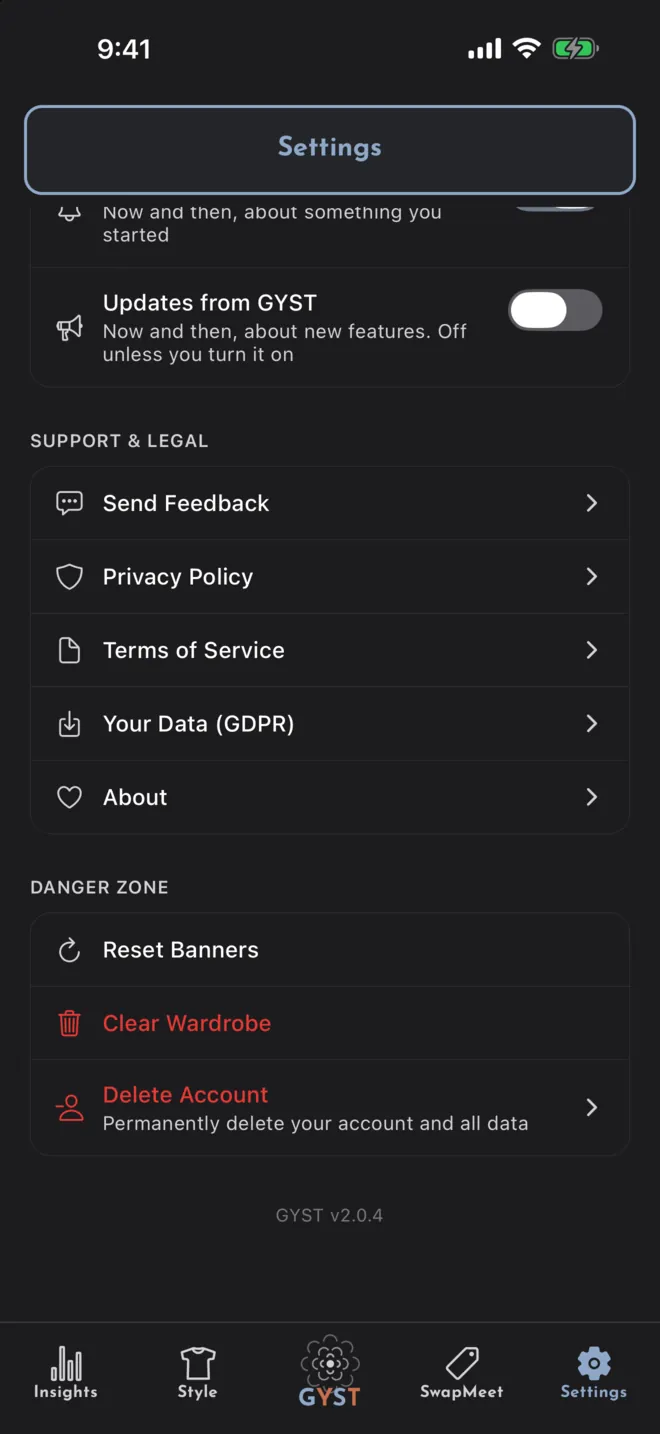 The bottom of Settings: Support & Legal, including Your Data (GDPR), then the Danger Zone with Reset Banners, Clear Wardrobe and Delete Account.