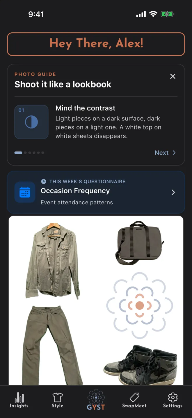 The photo guide on the GYST home screen, headed “Shoot it like a lookbook”, showing its first tip, “Mind the contrast”.
