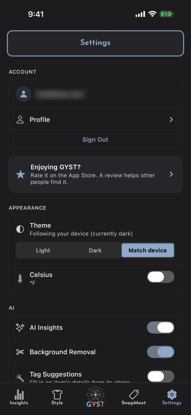 The top of Settings: the account and Profile, a Rate GYST card, Theme and Celsius under Appearance, and the AI Insights and Background Removal switches.